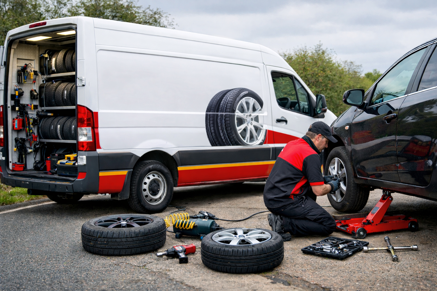 mobile tyre fitting services roadside technician repairing tyre